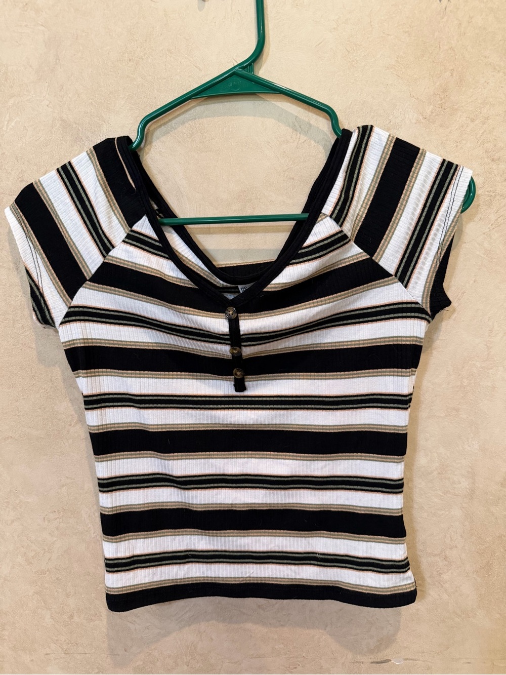 No Boundaries Black, White & Olive Striped Ribbed Crop Top small